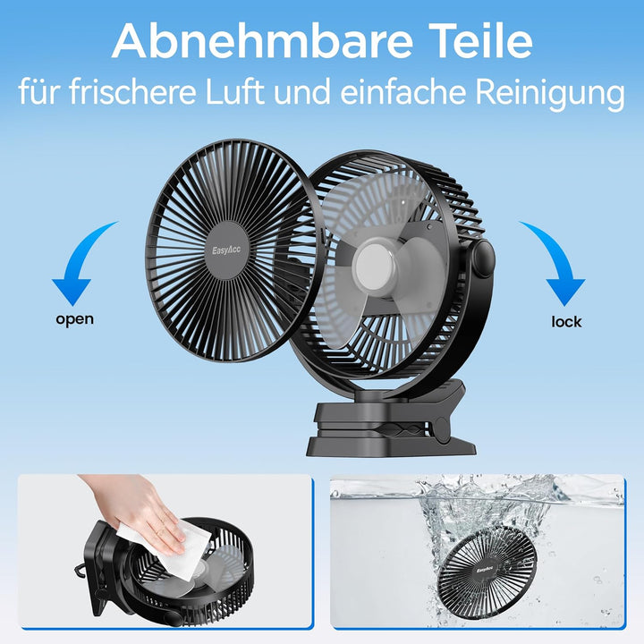 EasyAcc Ventilator mit Clip, 10000mAh USB-Ventilator, 3-in-1-Tischventilator mit 5 Geschwindigkeiten
