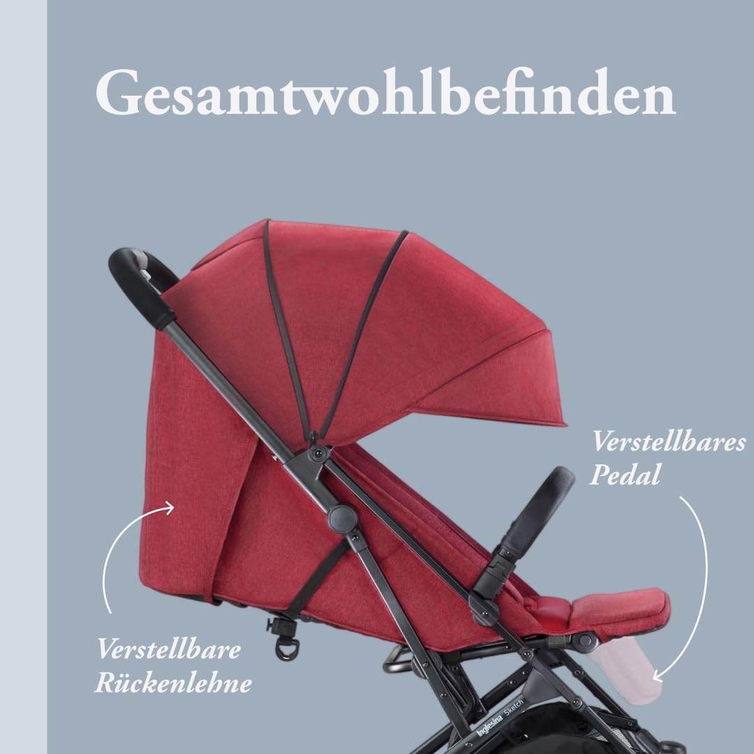 Inglesina Sketch Kinderwagen Leicht und Kompakt, Rot, Bequem, bis zu 17kg, Einhand-Faltung, UPF 50+,