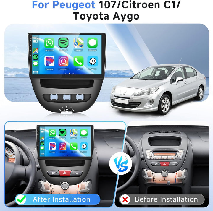 Podofo Drahtloses Carplay Autoradio für Peugeot 107/Citroen C1/Toyota Aygo, Android 2G+32G HiFi 10"