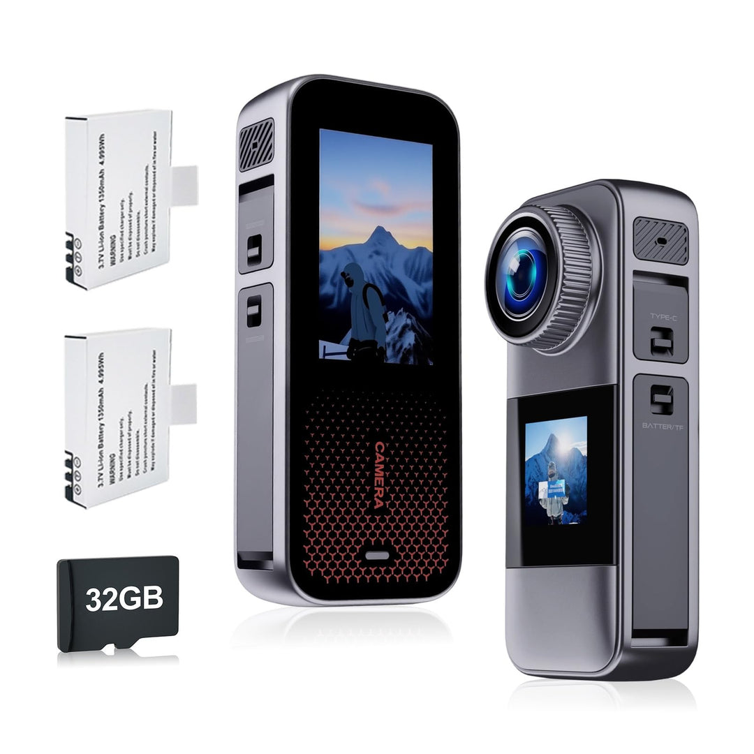 Jadfezy Dual Action cam mit 32G Karte Helmkamera,unterwasserkamera mit Zwei 1350 mAh wiederaufladbar