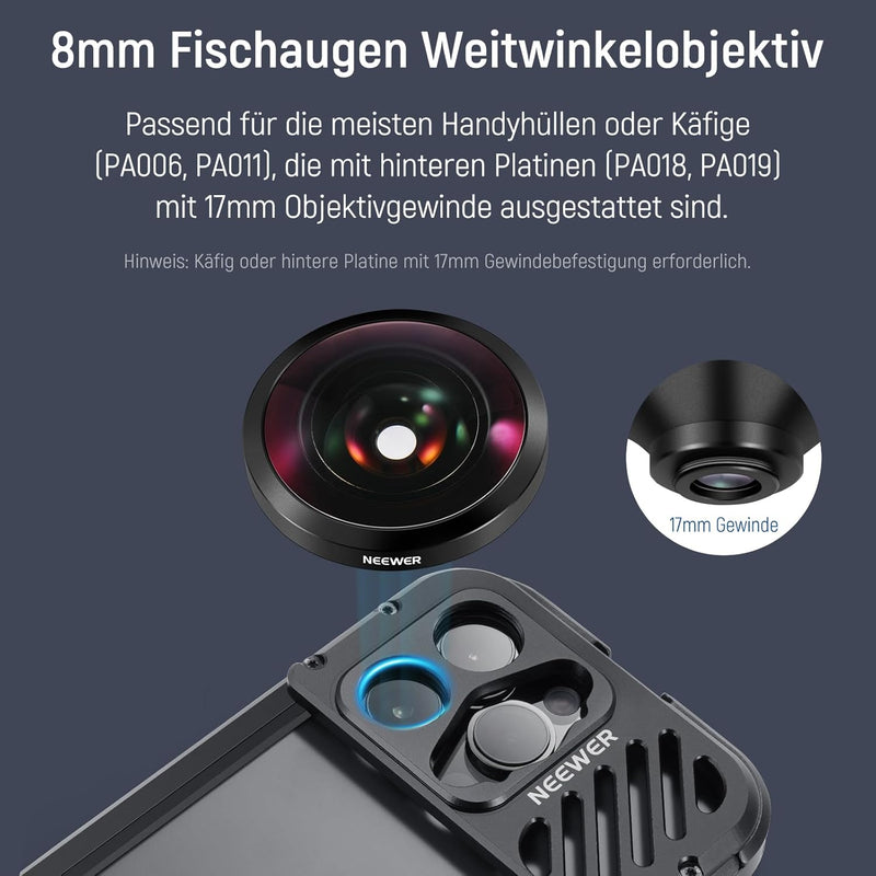 NEEWER 8mm HD Fisheye Telefonobjektiv 220° Weitwinkel für 17mm Objektiv Rückwandplatine mit Gewinde,