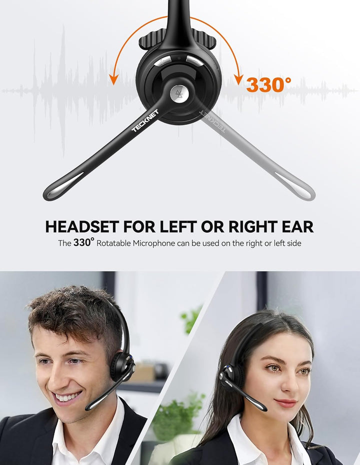TECKNET Bluetooth Headset mit Mikrofon &amp; USB Dongle, kabelloses PC Headset, Rauschunterdrückung und