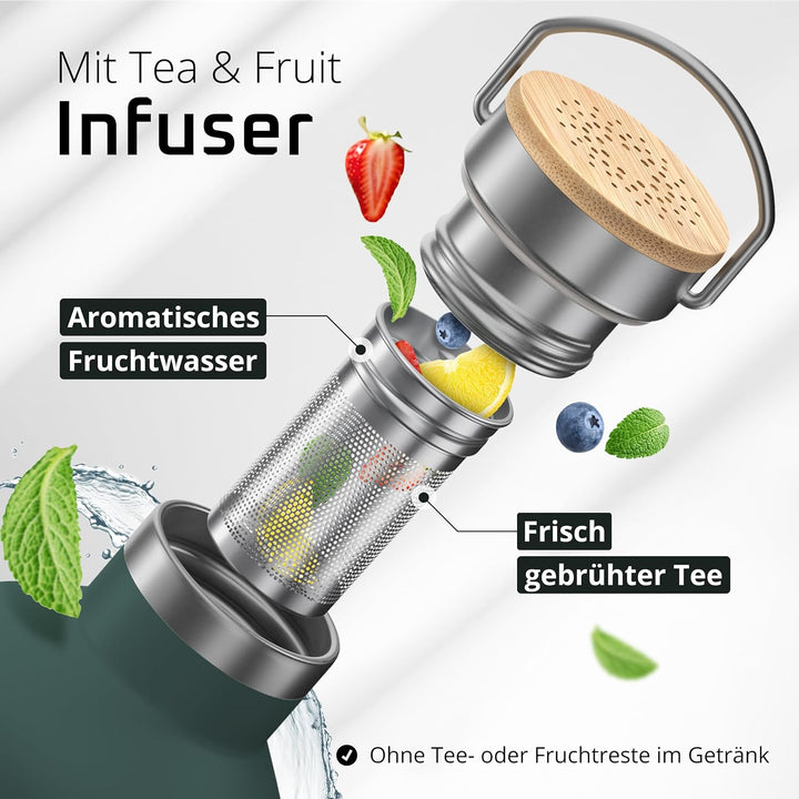 Trinkflasche Edelstahl mit Strohhalm, Infuser + 3 Deckel: BPA-frei, Auslaufsicher, Kohlensäure geeig