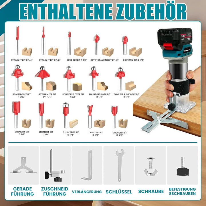 Akku Oberfräse für Bosch 18V Akku, 30000 RPM Bürstenloser Motor, 5-Stufen Kantenfräse, Kabellose Hol