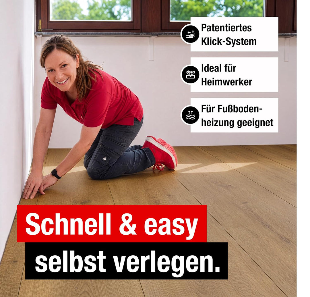 Premium Klick-Laminat-Boden, 2,54 m², inkl. kostenlose Trittschalldämmung &amp; Fussleisten, Stärke 8 mm