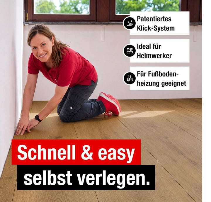 Premium Klick-Laminat-Boden, 2,54 m², inkl. kostenlose Trittschalldämmung &amp; Fussleisten, Stärke 8 mm