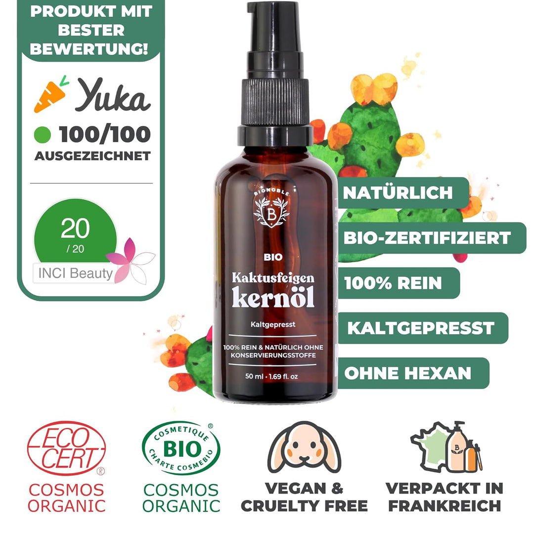 Bionoble Kaktusfeigenkernöl Bio 50ml - 100% Rein, Natürlich, Kaltgepresst - Gesicht, Körper, Haare,