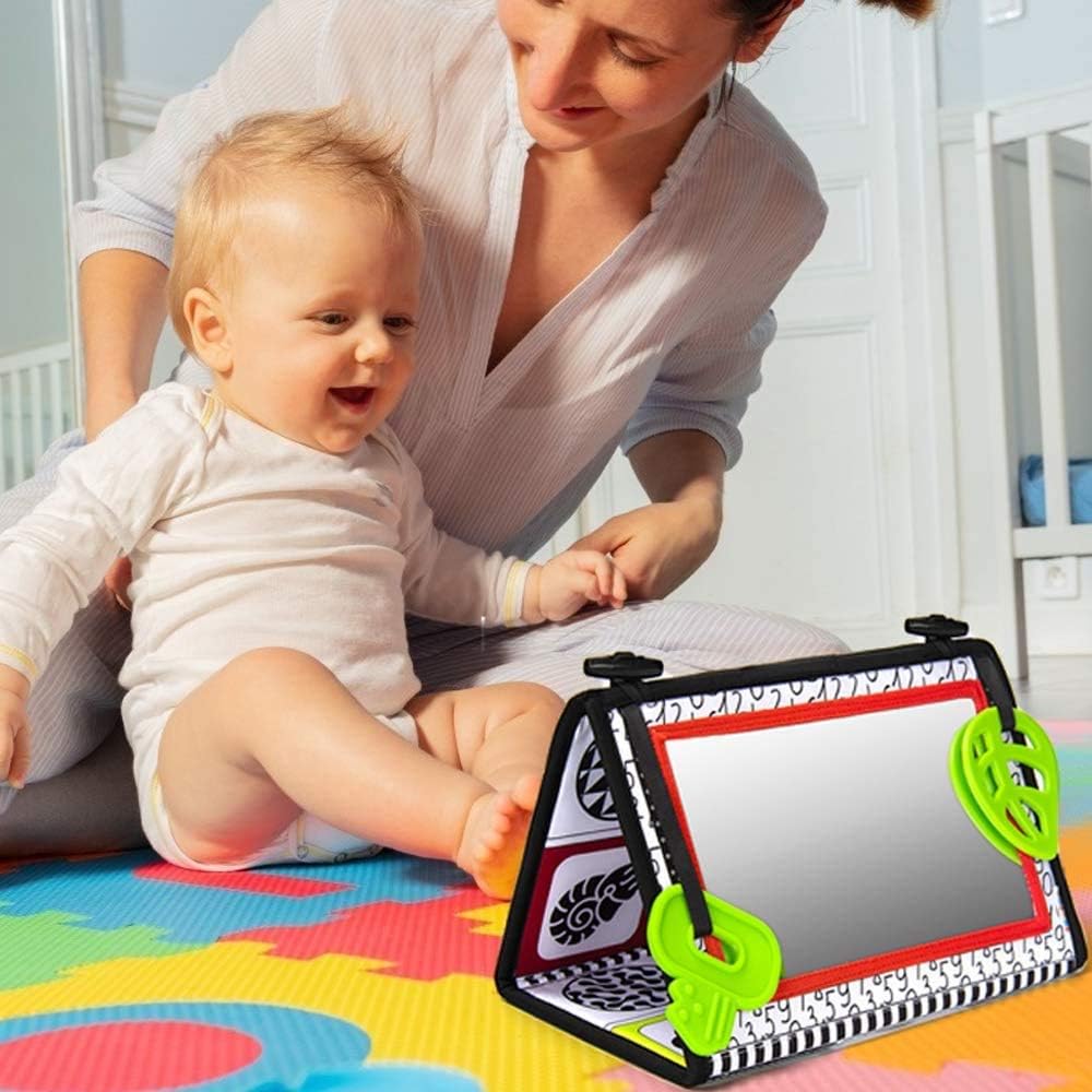 Tummy Time Spiegel Flip Baby Spiegel Boden Spiegel Faltbar mit hohen Kontrastmustern und Beissring A