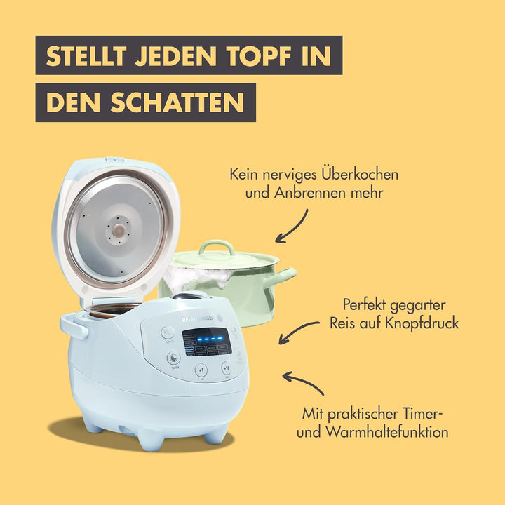 REISHUNGER Digitaler Reiskocher klein, hellblau | 0,6 L bis 3 Personen | Warmhaltefunktion, Timer &
