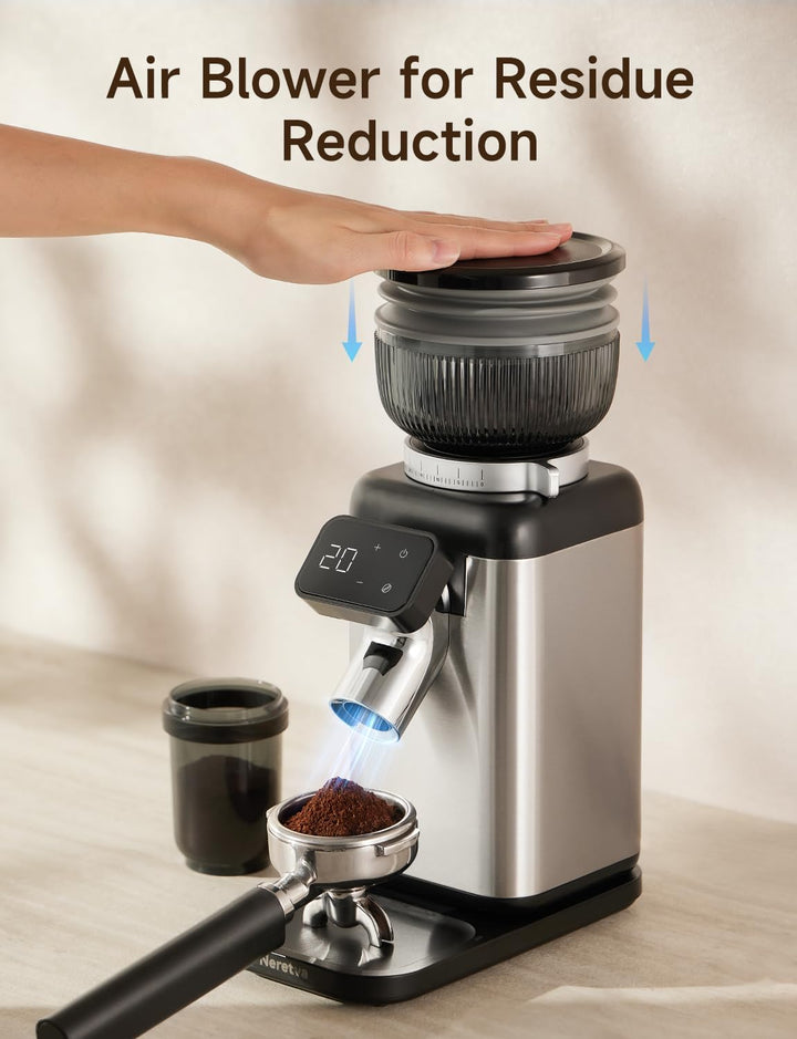 Neretva Kaffeemühle Elektrisch mit Abnehmbarem Halter für Siebträger und Behälter, Silber