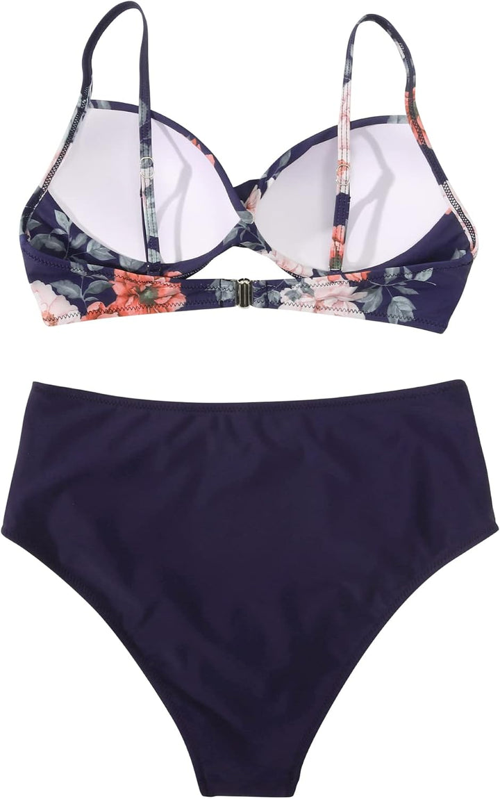 RXRXCOCO Damen Wickel Push Up bikini Oberteil Bauchweg High Waist Bikini Set Bademode M Blaue Blume,