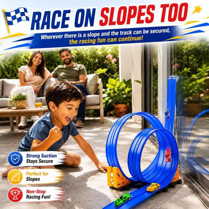 BunnyJOY Flexible Autorennbahn für Kinder mit 4 Rückziehautos, 2 Looping Rennbahn, Rampen Schwerkraf
