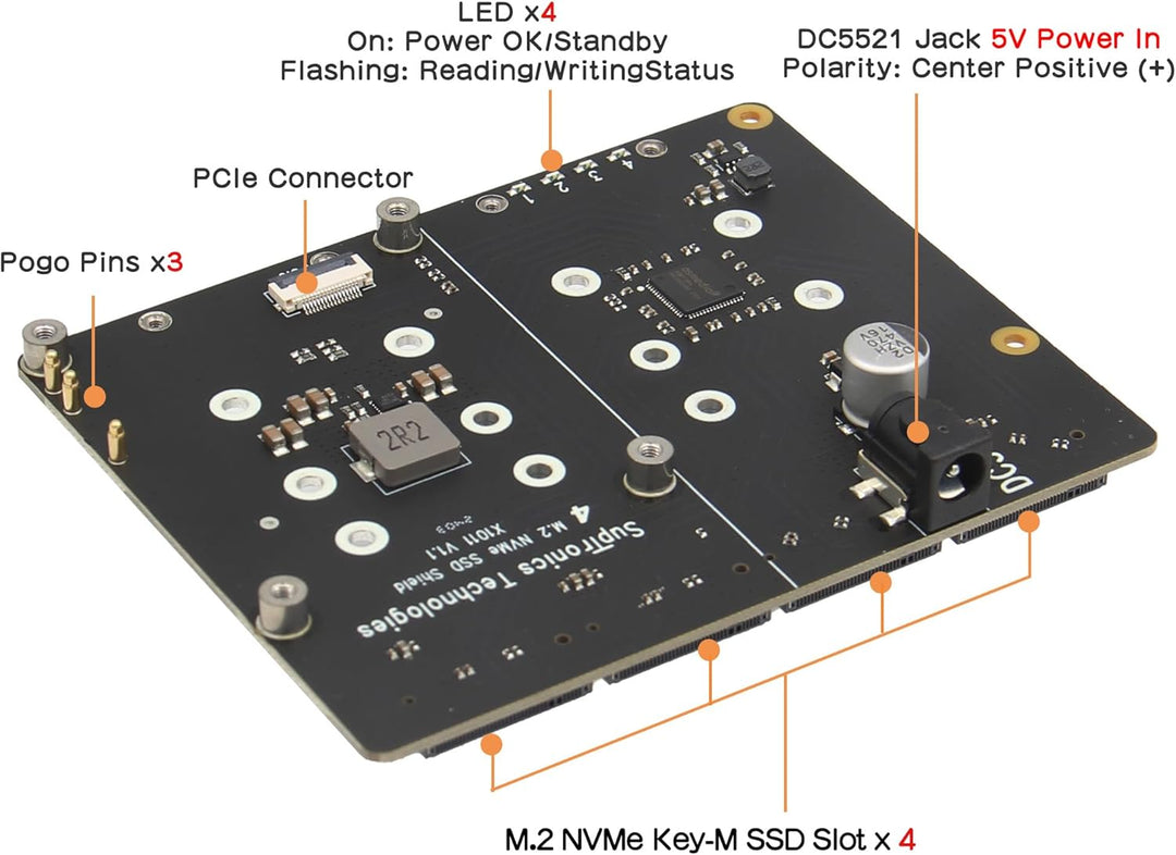 Geekworm X1011 PCIe to 4PCS M.2 Key-M NVMe SSD Peripheral Board for Raspberry Pi 5