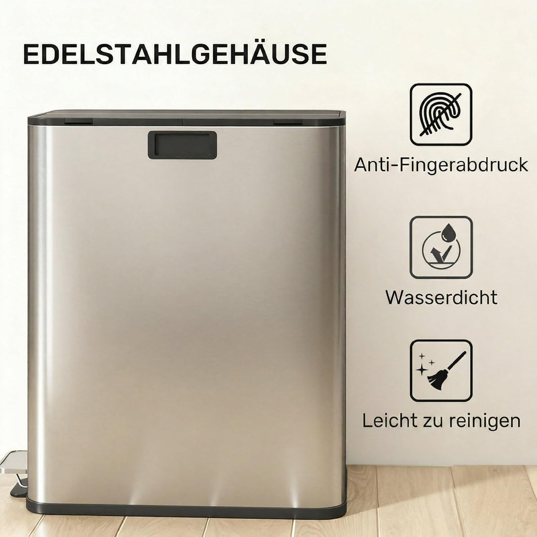 HOMCOM Küchenmülleimer Soft-Close-Schmetterlingsdeckel 2 x 28L Silberton | Edelstahl-Tretmülleimer,