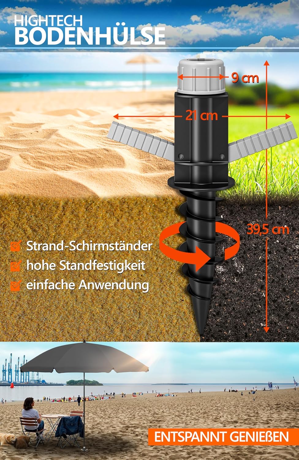 4smile Sonnenschirm Strand SunnyJoy Ø 180 cm, 3er Set - Strandschirm mit UV Schutz 50+, inkl. Sonnen