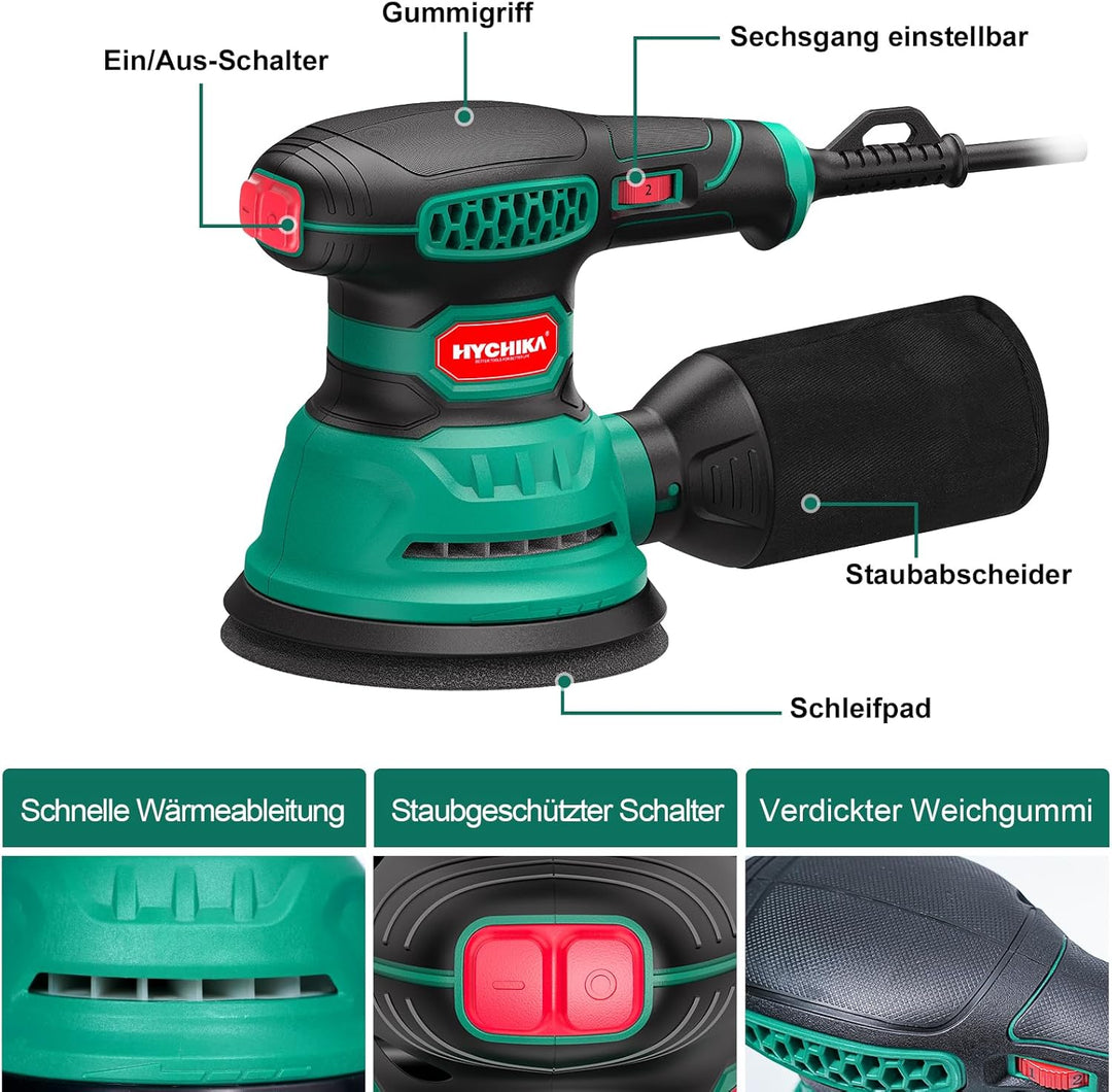 HYCHIKA Exzenterschleifer, 300W 12000OPM Exenterschleifmaschine, 6 Geschwindigkeiten, Compact Exzent