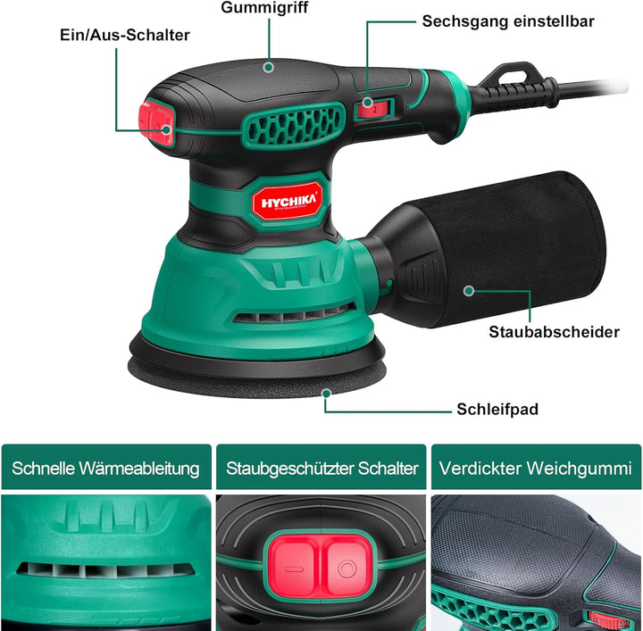 HYCHIKA Exzenterschleifer, 300W 12000OPM Exenterschleifmaschine, 6 Geschwindigkeiten, Compact Exzent