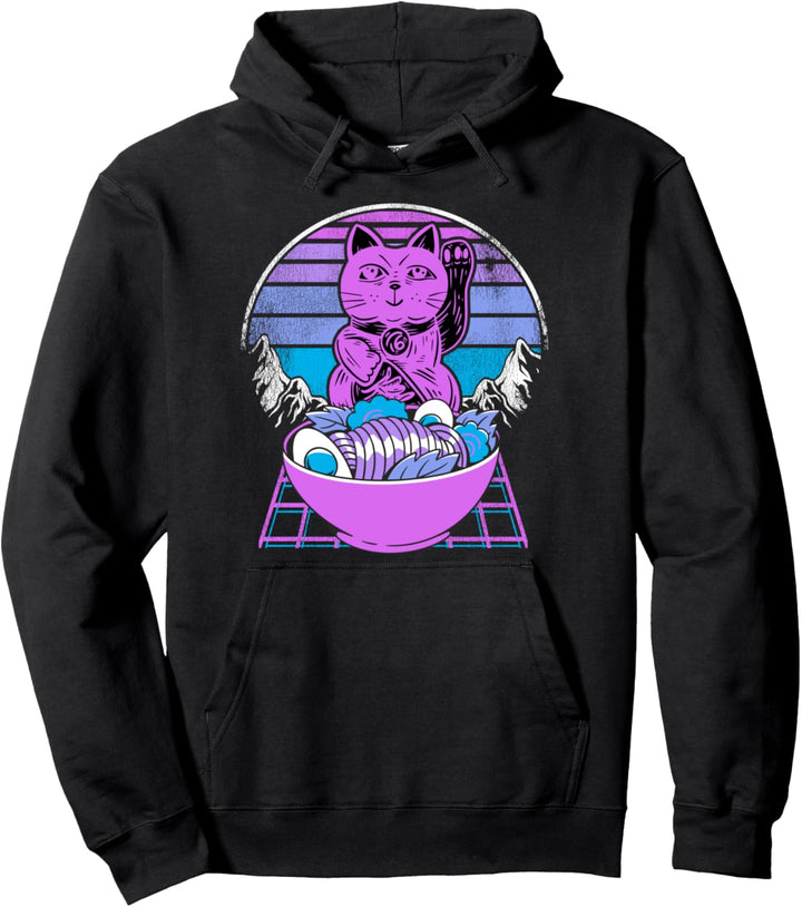 Ramen Maneki Katze Neko Kawaii Retrowave Sunset 80s Vaporwave Pullover Hoodie