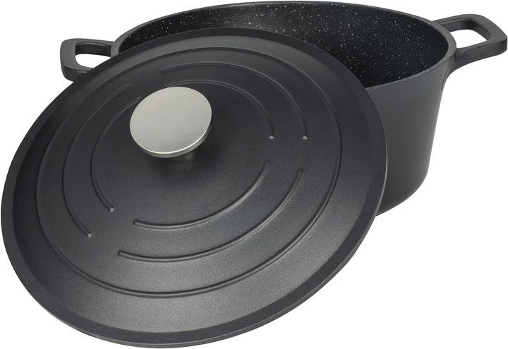 Commichef Runde Kasserolle, Auflaufform, Schwarz, Aluminiumguss, Mit Deckel, 24cm Durchmesser, 5 Lit
