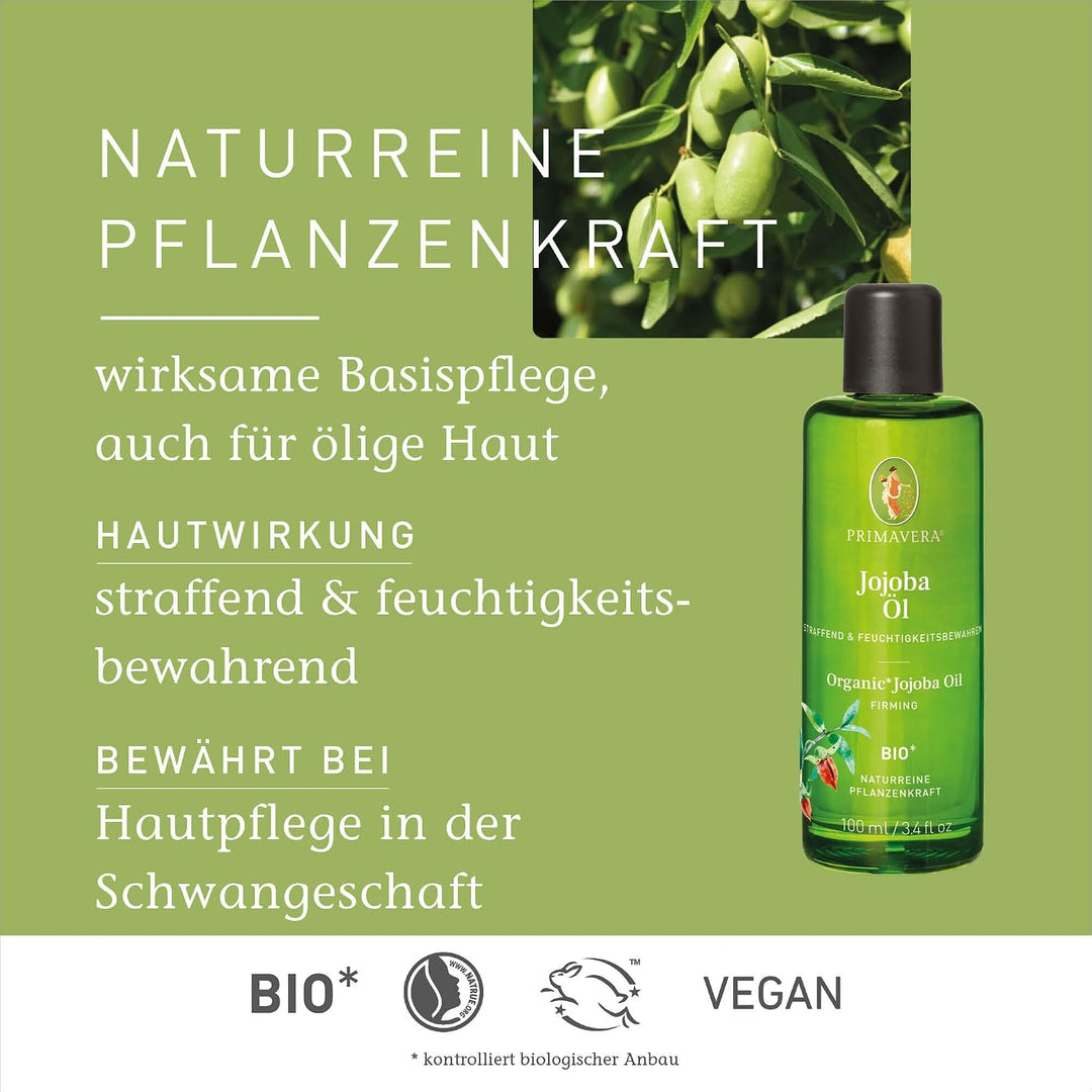 PRIMAVERA Pflegeöl Jojobaöl bio 100 ml – naturreine Pflanzenkraft – Glasflasche – Aromaöl, Körperöl,