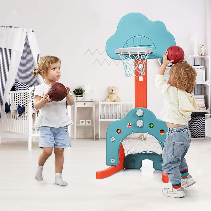 HOMASIS 3 in 1 Kinder Basketballkorb Set, multifunktional Basketballständer mit Fussballtor & Golf i
