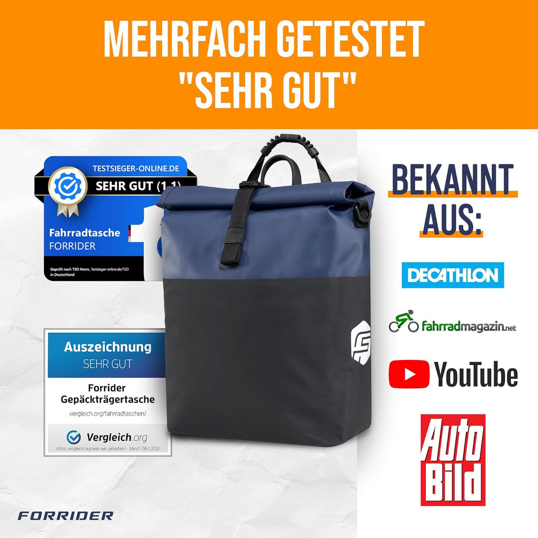 Forrider Fahrradtasche Wasserdicht für Gepäckträger [22L Volumen] mit Schultergurt | Gepäckträgertas