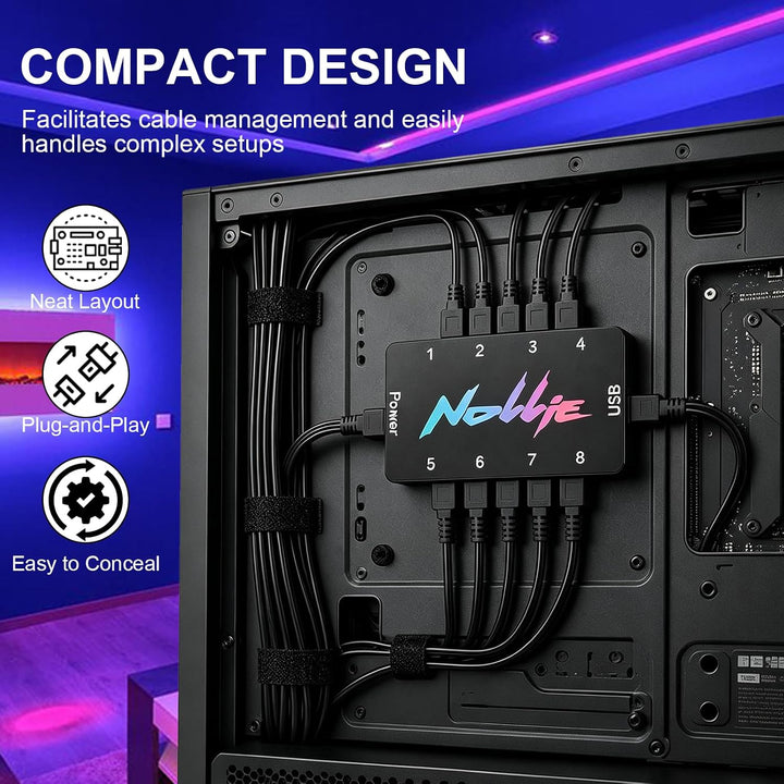 8-Port Signal RGB Controller, 5V 3PIN SATA-Gespeister ARGB-Controller PC-Beleuchtungs-Hub mit 2 SATA