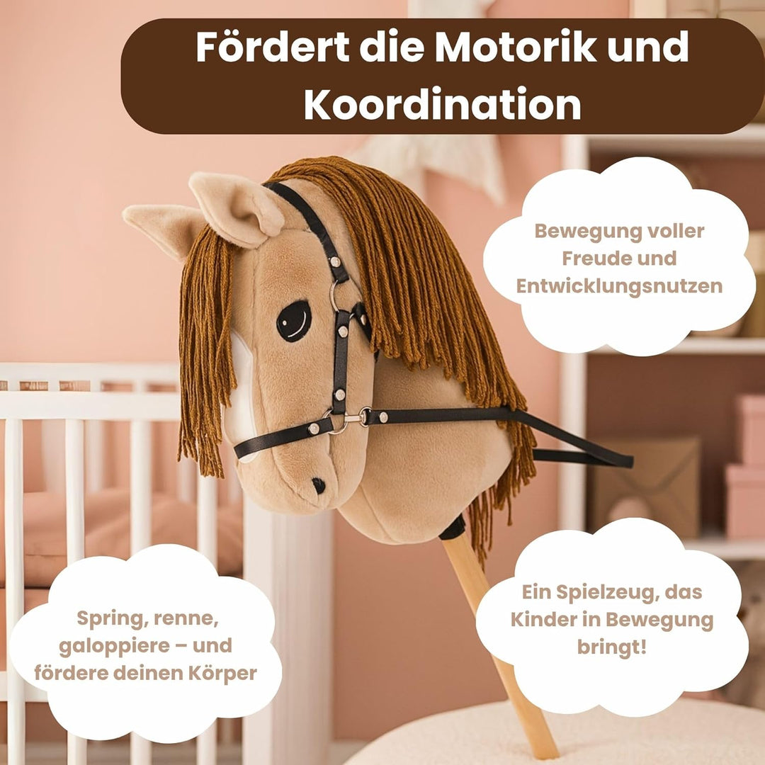 Start Hobby Horse Steckenpferd aus Plüsch mit Holzstock – Realistisches Stockpferd mit Langer Mähne