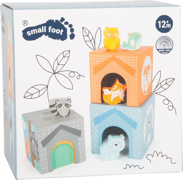 Small Foot Stapelwürfel Pastell aus Pappe mit Tierfiguren aus Holz, Stapelturm für Kleinkinder ab 12