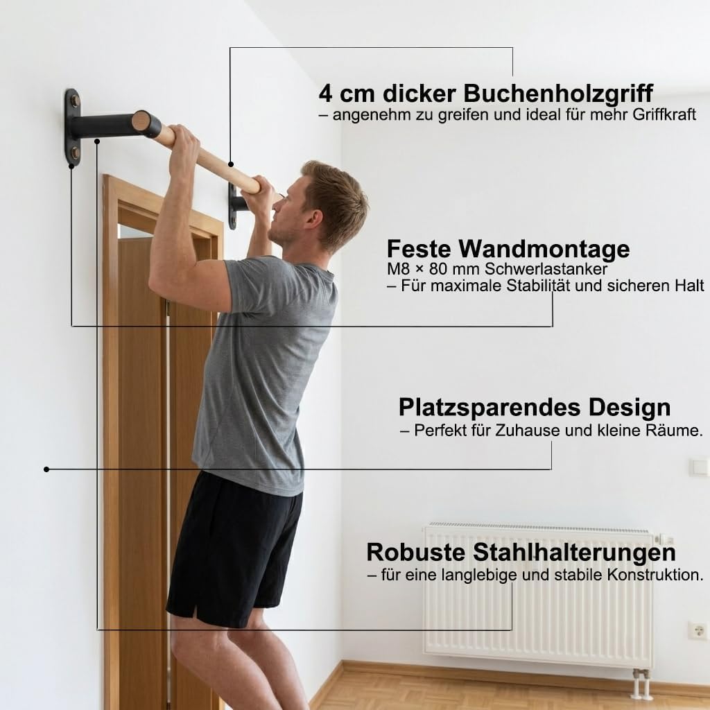Klimmzugstange Wandmontage aus Holz, 40mm Holzgriff aus Buche, Platzsparende Pull Up Bar für Home Gy
