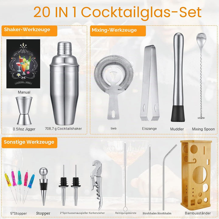 Cocktail Shaker Set vatertagsgeschenk - 750 ML Edelstahl Bonus CocktailShaker Cocktail Set Book, Coc
