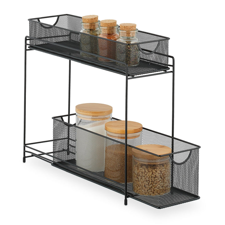 Relaxdays, schwarz Küchenschrank Organizer, ausziehbares Unterschrank Regal, 2 Schubladen, Metall, H