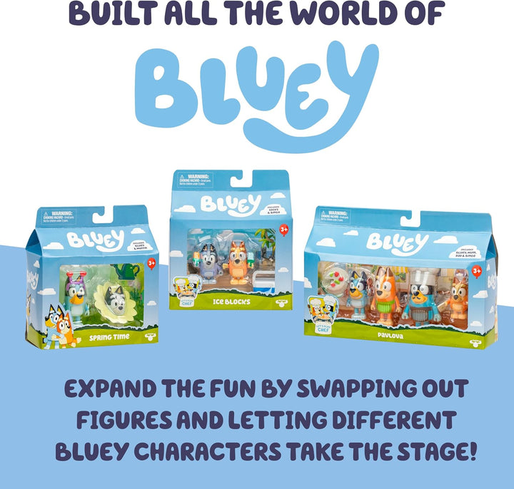 Bluey Figure 2-Pack - Surprise Blaster Suit Pack, 6.35 cm Figures of Bluey and Neighbor Chucky, Recr