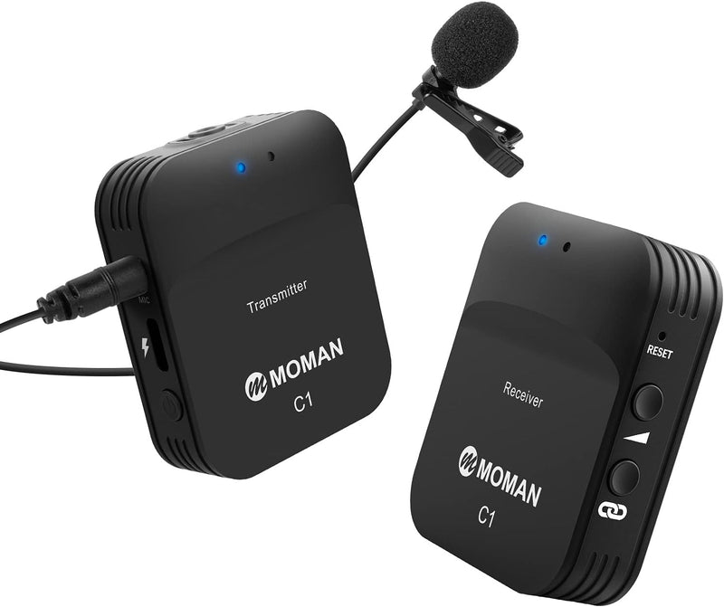 Moman C1 Lavalier Funkmikrofon, 2.4Ghx Kabellos Ansteckmikrofon System Wireless Microphone Mics, 70m