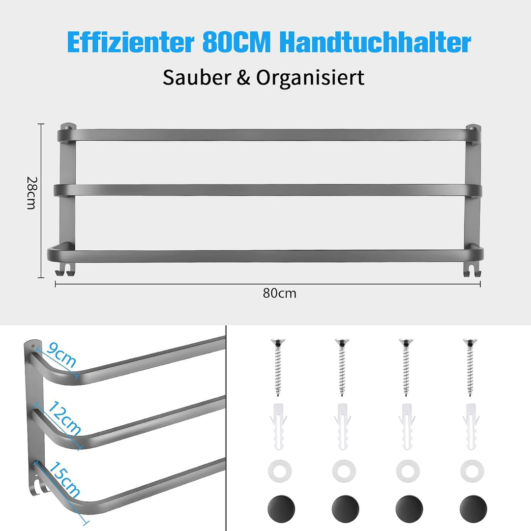Handtuchhalter Grau 80cm Handtuchstange 3 Stufiger Aluminium Grau 80 cm, Grau 80 cm