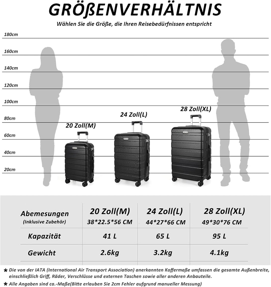 TANTOMI Kofferset 3-teilig, ABS Hartschalenkoffer Set, Reisekoffer Set mit Rollen, Gepäck-Sets (20/2