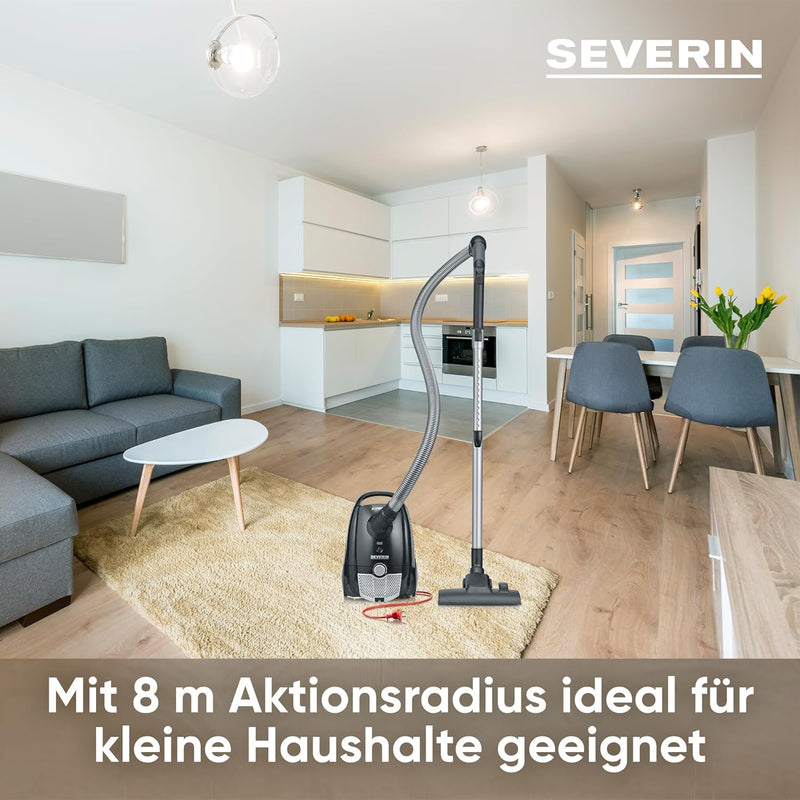 SEVERIN Staubsauger mit Beutel, kompakter Bodenstaubsauger für Teppich- und Hartböden, kraftvoller u