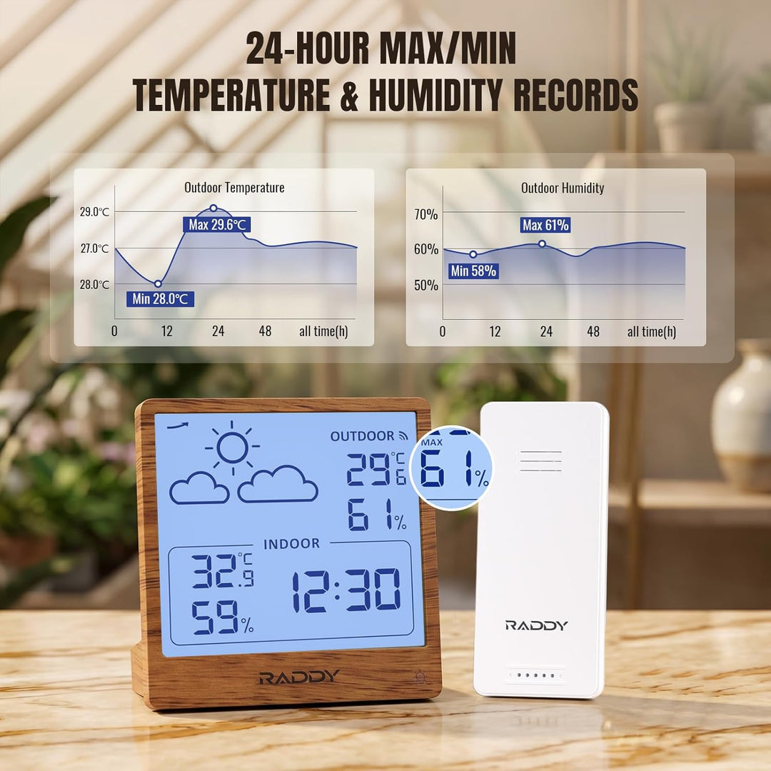 Raddy WF-50 Wetterstation Funk innen und aussen, batteriebetriebener Temperatur- und Luftfeuchtigkei