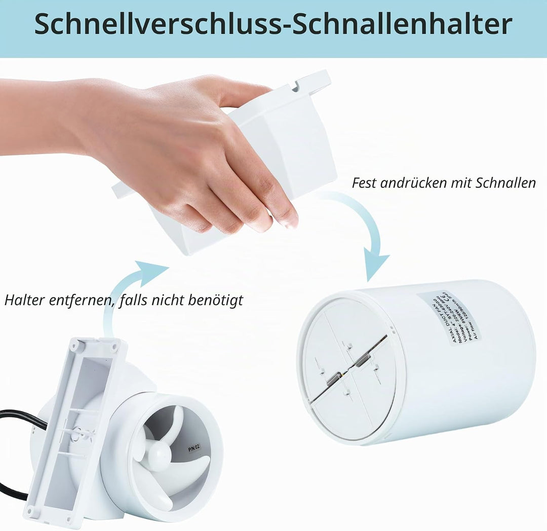 100mm Kanal Rohrventilator, Hoch / Niedrig Drehzahlregelbar Abluftventilator mit abnehmbarer Halteru