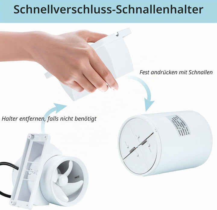 100mm Kanal Rohrventilator, Hoch / Niedrig Drehzahlregelbar Abluftventilator mit abnehmbarer Halteru