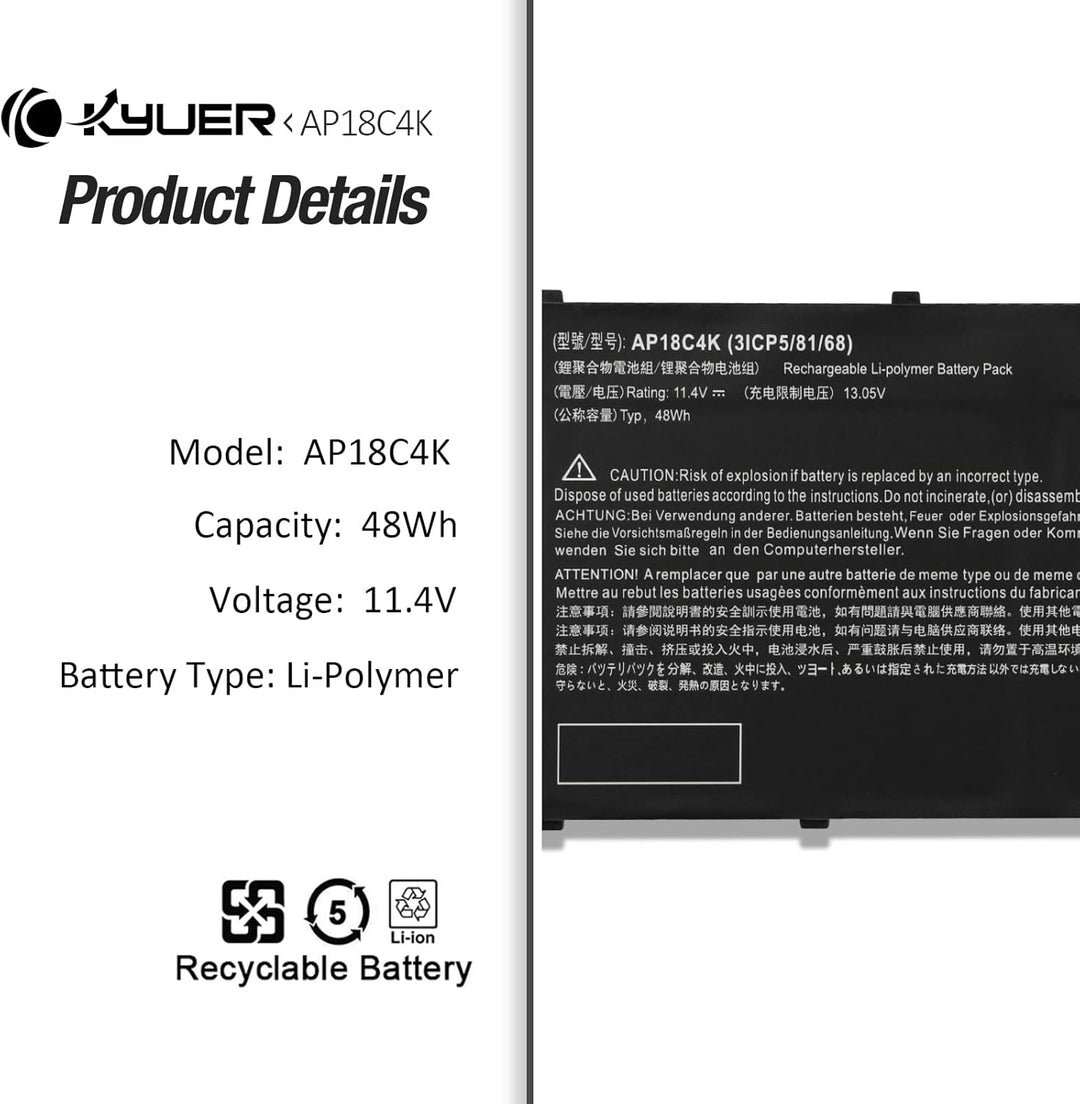 K KYUER 48Wh AP18C4K Laptop Akku für Acer Aspire 5 A514-52 A515-43 A515-44 A514-52G A515-43G A515-44