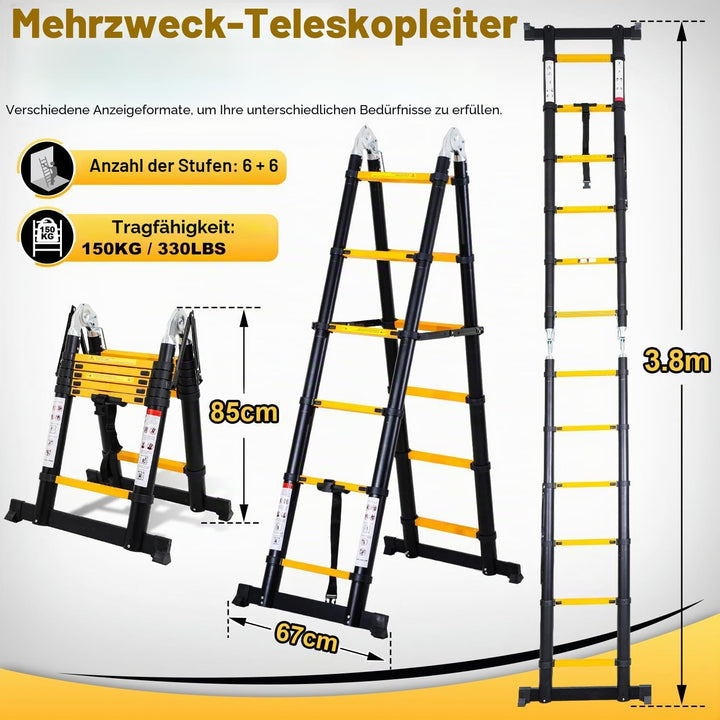 Teleskopleiter Klappleiter Aluminium, Cecaylie 3.8M(1.9+1.9M) Ausziehbare Leiter, Rutschfester Alule