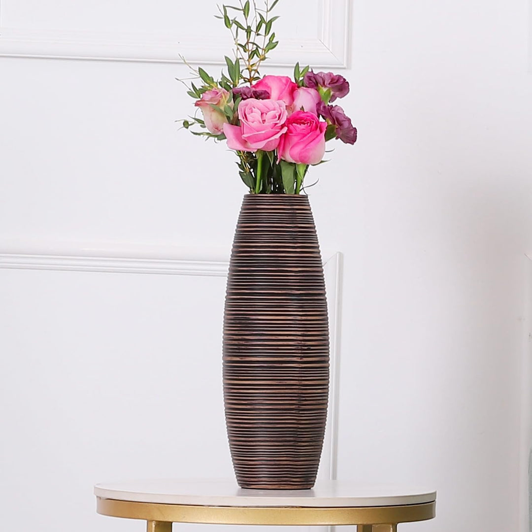 Leewadee Kleine Bodenvase für Dekozweige hohe Standvase Design Holzvase, Holz, 36 cm, Braun, Braun