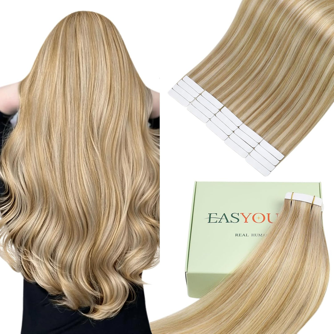 Easyouth Remy Tape in Extensions Echthaar Adhesive on Haar Farbe Honigblond Mix Gelbblond 16 Zoll 40