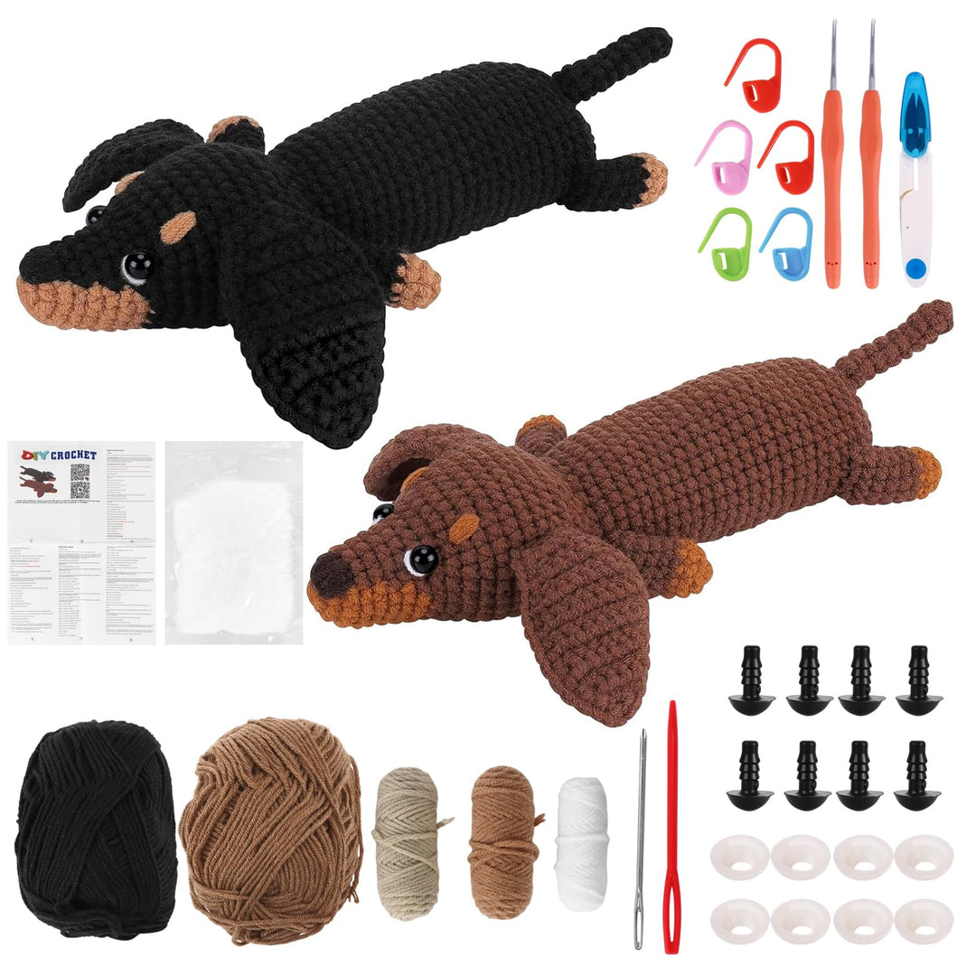 OurLeeme Häkelset für Anfänger, Häkeln Tiere Häkelnadelset Dackel-Starter-Strickset mit Dackelgarn,