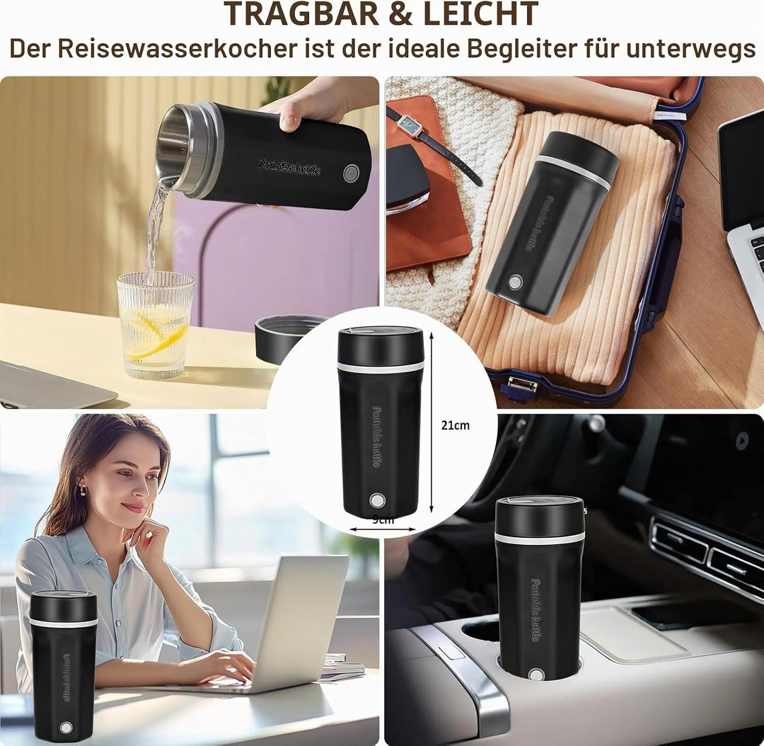 Reise Wasserkocher Klein Elektrische Wassertasse 500ML Tragbarer Mini-Heizbecher 304 Edelstahl Liner