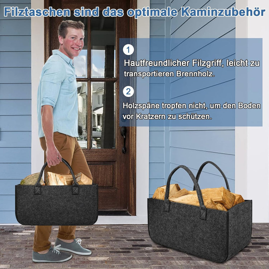 4 Stück Filztaschen Kaminholztasche Filz, Faltbar Kaminholzkorb Filztasche Shopper für Holz Zeitunge