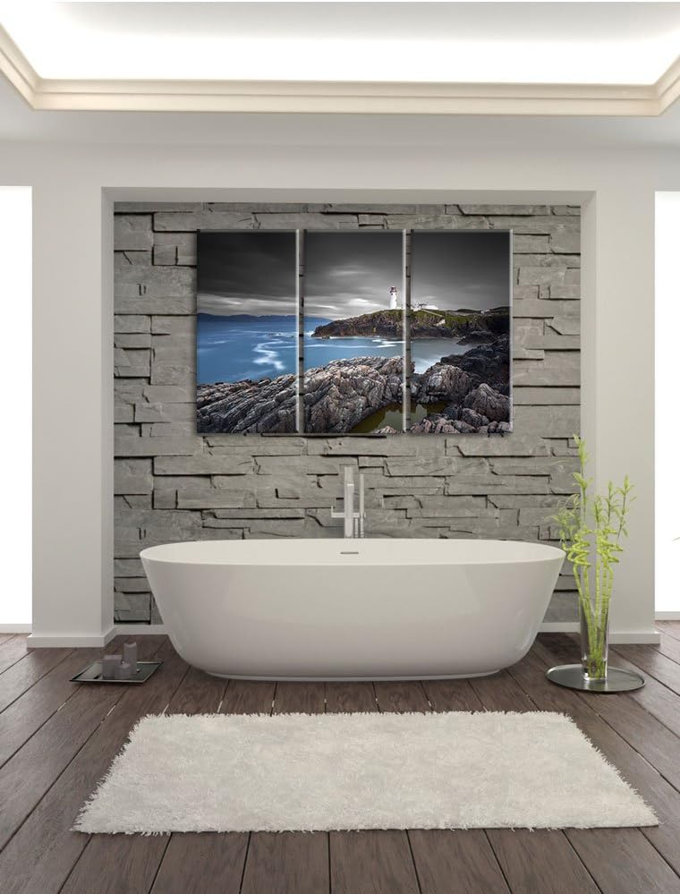 Pixxprint Leuchtturm an traumhaft Meer / 3-Teilig/Gesamtmass 120cm Leinwandbild bespannt auf Holzrah