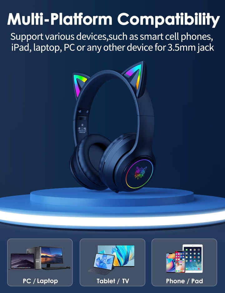 Bluetooth-Kopfhörer mit LED-Katzenohren – Kabelloses Over-Ear Headset mit Mikrofon, Hi-Fi Stereo-Sou
