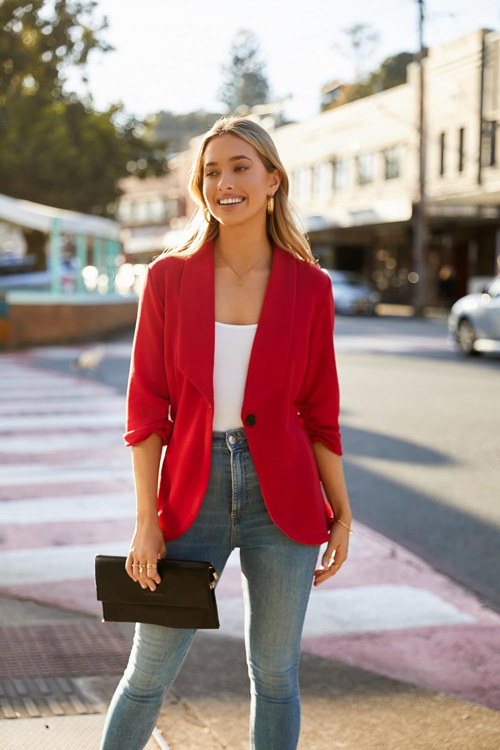 Zeagoo Damen Blazer Elegant 3/4 Arm Business Longblazer Slim Fit Revers Blazer Sakko Casual Arbeit B